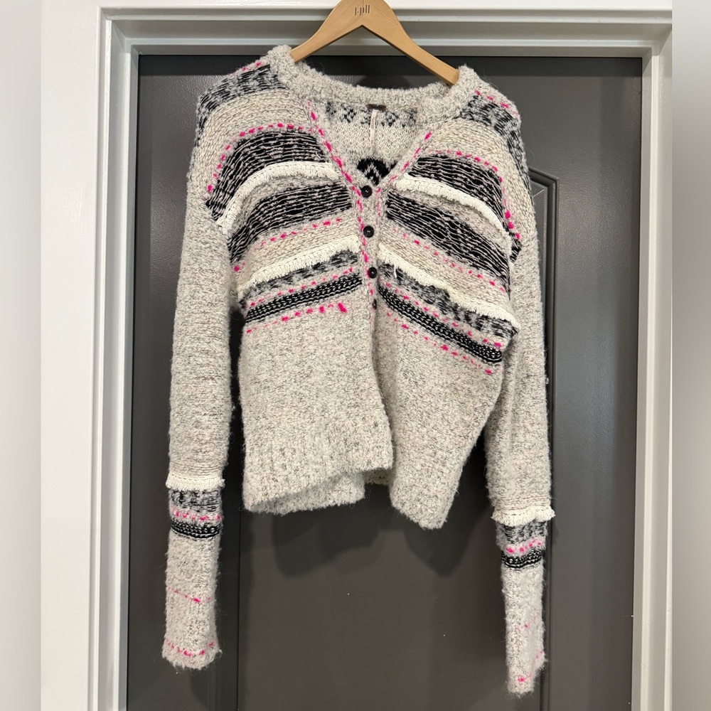 Free People Cream and Black Striped Cardigan